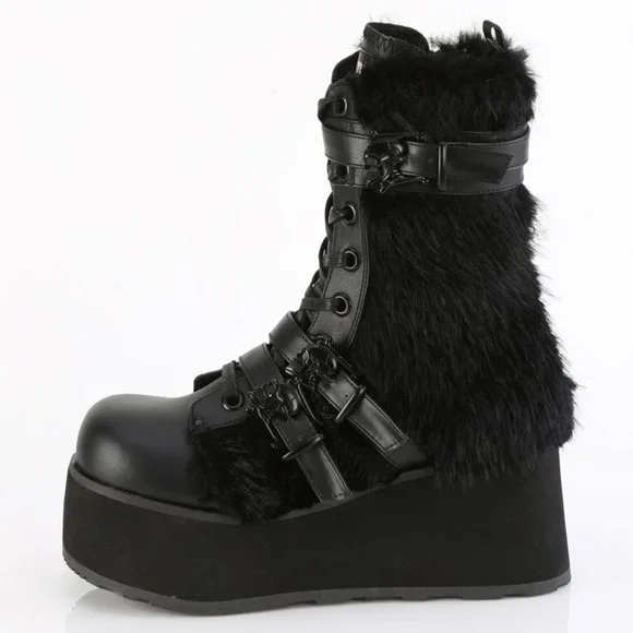 Mens Platform Faux Fur Gothic Lace Up Boots DEMONIA Black Faux Fur Knee-High Boots with Platform Heels main image 4
